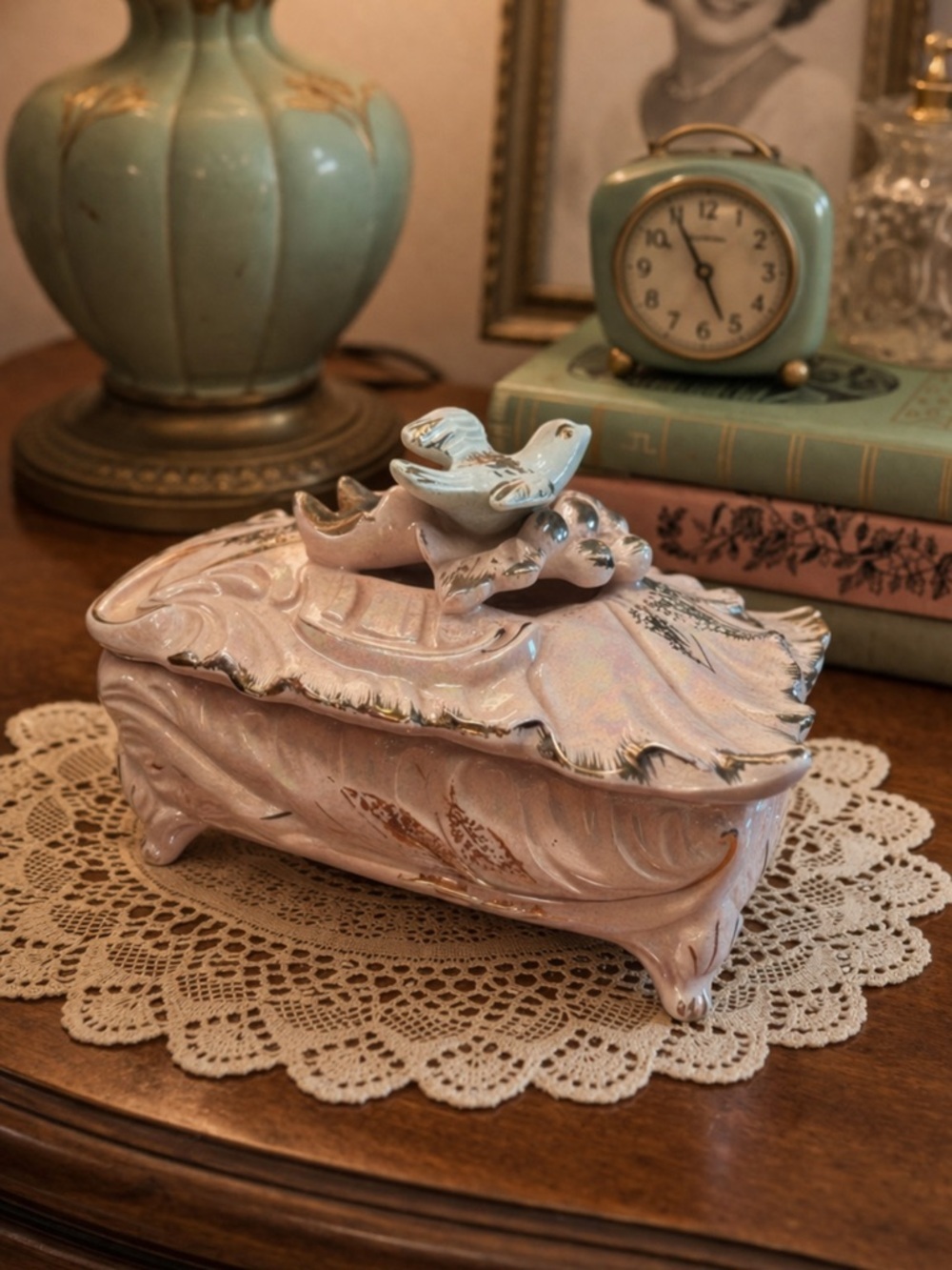 Vintage Pink Footed Porcelain Trinket Box